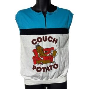 Vintage Couch Potato Pullover 1/4 Zip Sleeveless Tee Shirt M USA Funny Humor